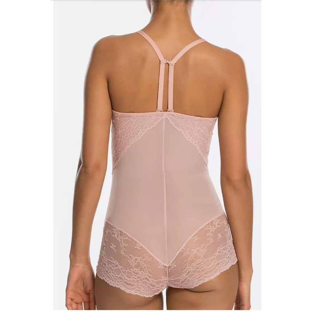 Spanx Lace Bodysuit Teddy M Nude Rose Pink Mesh Shapewear Lingerie Cross Straps - Picture 2 of 8